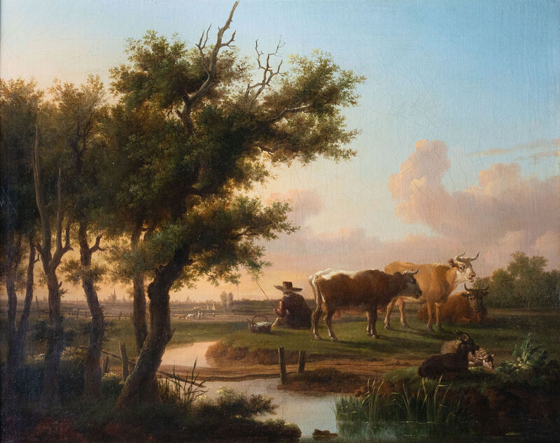 River Landscape with Cows and Fisherman